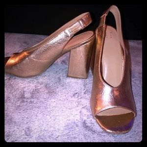 Gold foil sling back block heel